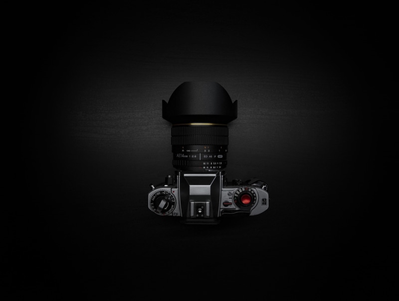 14mm, the camera, minimalism, object, photography, metal, film, retro, black background, nikon, 2K, samyang