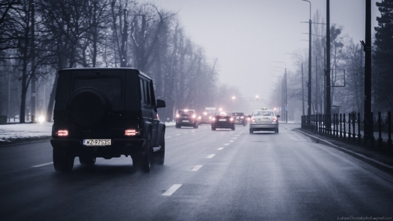 transportation, travel, winter, Mercedes Benz, car, city, vehicle, architecture, nature, tree, Gdańsk, 4K, road, black, land vehicle, highway, dusk, illuminated