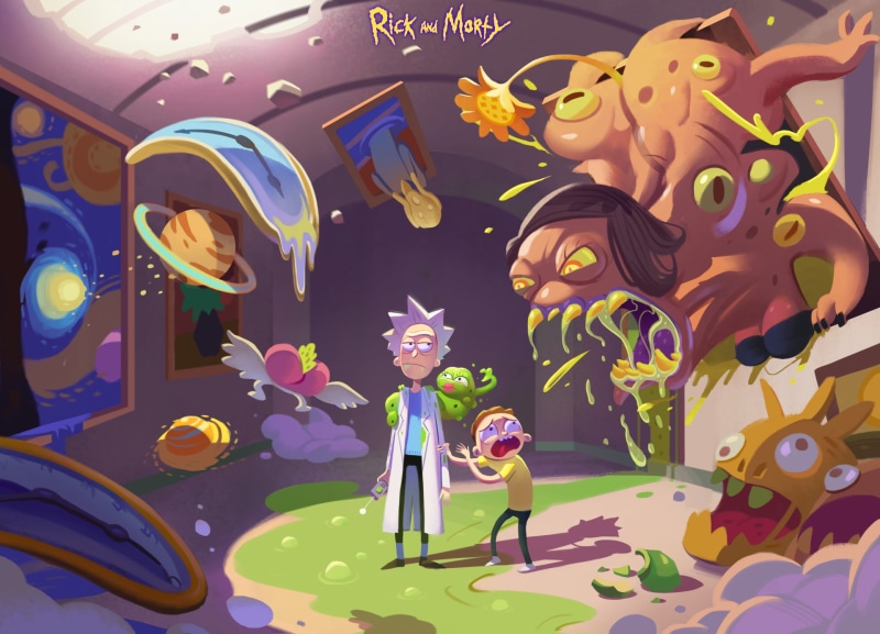 plant, rick and morty, morty, 1080P, artstation, indoors, decoration, rick, artist, night, digital art, nature, vertebrate, cartoons, food and drink, multi colored