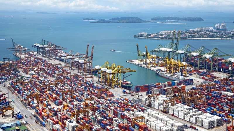 crane - Construction Machinery, delivery, machinery, water, architecture, transportation, 5K, freight, high angle view, logistic, load, harbor, shipments