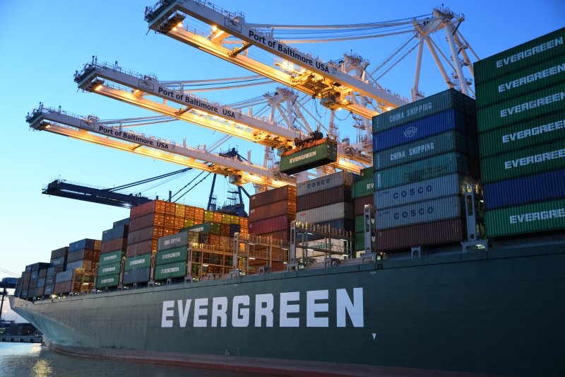 cargo, containers, logistics, shipping, machinery, evergreen, green, container, loading, crane - construction machinery, mode of transportation, cargo ship