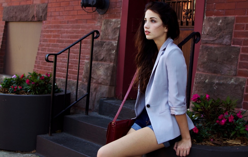 stairs, leisure activity, beautiful woman, brick, contemplation, looking into the distance, plant, women, casual clothing, black, Emily Rudd, hairstyle