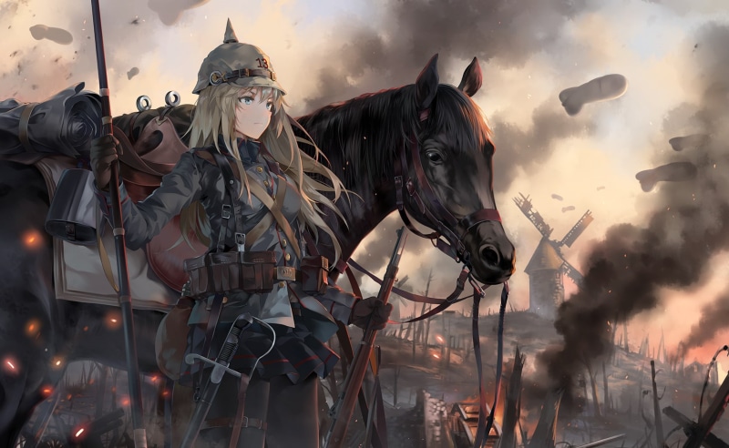Battlefield 1, looking into the distance, uniform, smoke, bombs, bag, 720P, fire, original characters, long hair, destruction, blonde, bangs, blue eyes