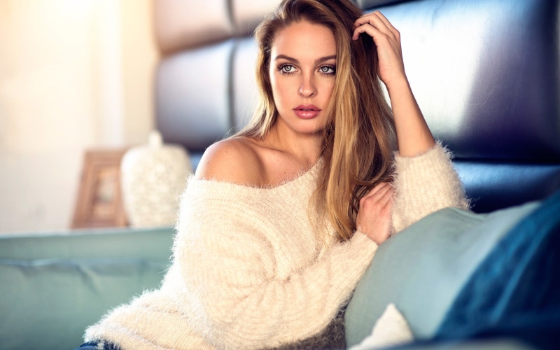 cozy, living room, contemplation, long hair, young adult, Dani Diamond, brown hair, sitting, sofa, 1080P, women, lifestyles, beauty, white sweater, looking into the distance