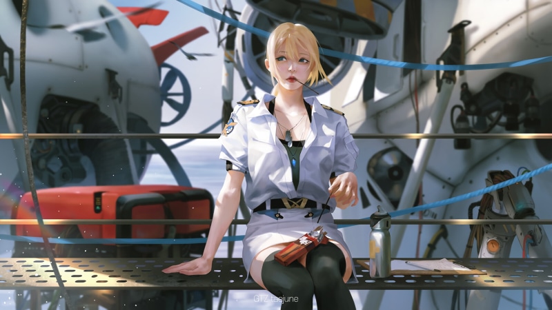 mech, illustration, mecha girls, Dog Tags, anime, 2K, anime girls, blonde, Taejune Kim, original characters, anime girls eating, blue eyes, futuristic
