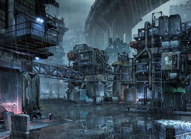 architecture, cyberpunk, day, rain, industrial equipment, ready, development, futuristic, one, business, 2K, complexity, industry, built structure, manufacturing equipment