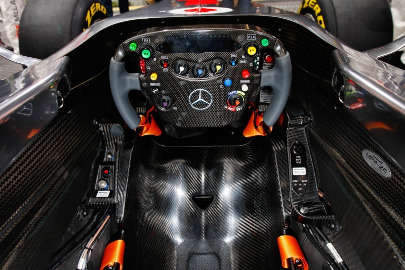 cockpit, mercedes, benz, f, land vehicle, vehicle interior, Formula 1, day, high angle view, travel, mode of transportation, technology, 2K, brown, motor vehicle