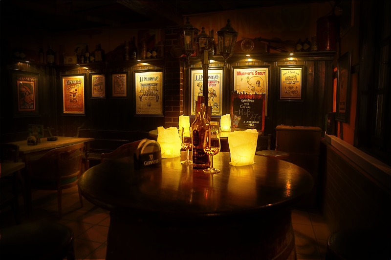 night, table, refreshment, no people, tavern, beer garden, irish, pub, united kingdom, tap, indoors, black, absence, old town, wine, lighting equipment