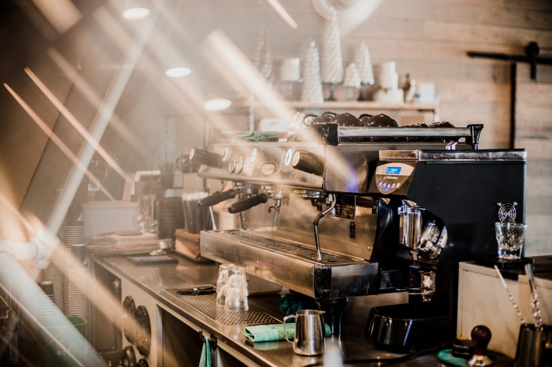silver, metal, food and drink, coffee shop, gray, no people, machine part, cafe, barista, stand, business, manufacturing equipment, machinery, appliance
