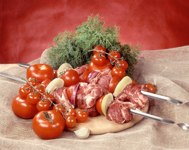 plate, tree, no People, processed meat, herb, plant, backgrounds, studio shot, organic, skewers, wood - Material, ingredient, healthy Eating, meat, lunch