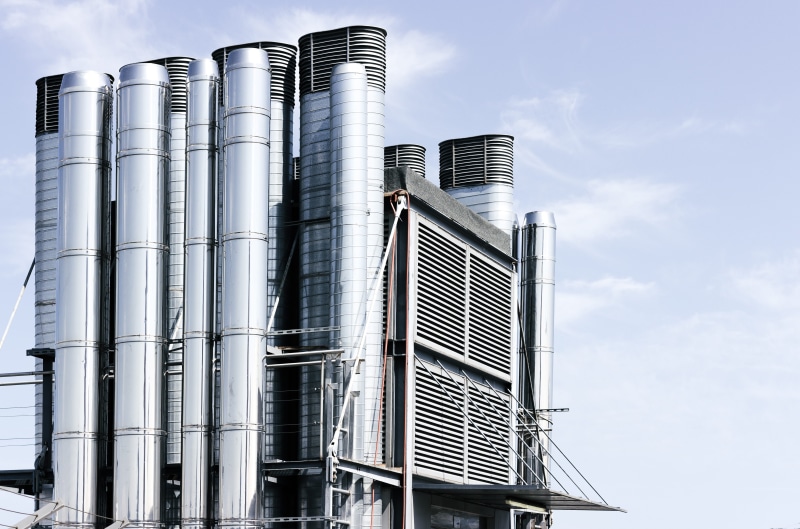 metal industry, photo, office building exterior, building exterior, chimney, no people, urban, nature, pipe - tube, low angle view, 4K, silver colored