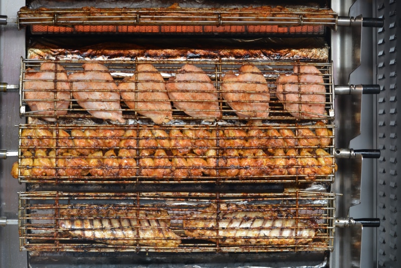 food processing plant, Chicken, metal, food and drink, Food, side by side, business, abundance, wellbeing, meat, oven, Grilling, 5K, freshness, large group of objects