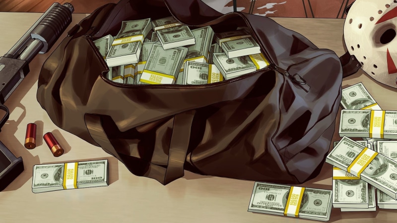 indoors, still life, Rockstar North, Cartridges, table, Money, large group of objects, close-up, Weapons, paper, Mask, Rockstar Games, no people, Grand Theft Auto V