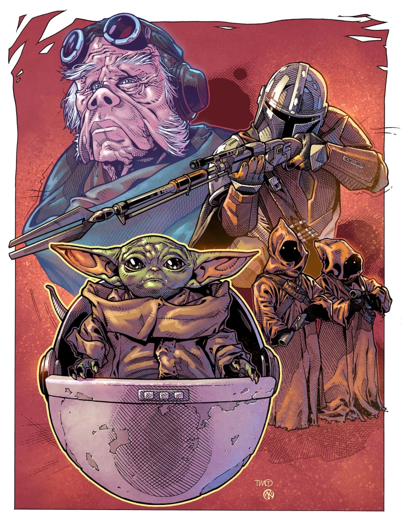 The Mandalorian, blaster, armor, Maksim Strelkov, comic art, Star Wars, The Mandalorian (Character), Baby Yoda, helmet, men, 1080P