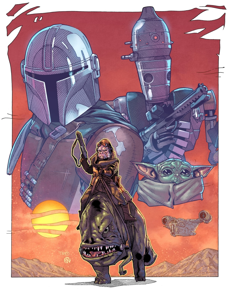 helmet, Maksim Strelkov, comic art, The Mandalorian (Character), The Mandalorian, 1080P, Star Wars, armor, men, robot, blaster, Baby Yoda