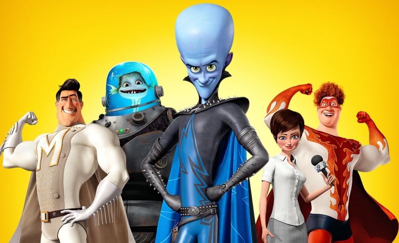 Movie, Cartoons, costume, studio shot, yellow background, 1080P, smiling, superhero movie, megamind movie 2010, 2010, mask - disguise, group of people
