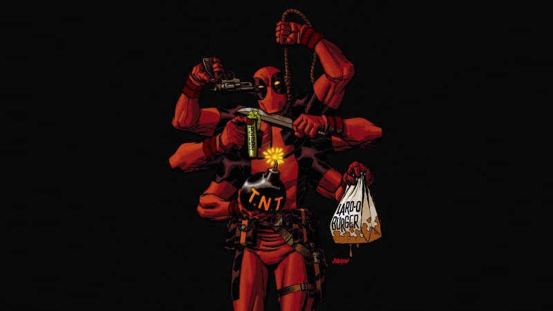 Deadpool, men, indoors, black background, red, art and craft, studio shot, night, 1080P, two people, skill, people, performance, arts culture and entertainment