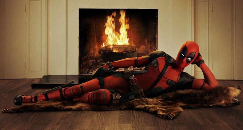 full length, deadpool, fireplace, indoors, wood, fire, wade wilson, lying down, clothing, flame, one person, 1080P, flooring, cozy, fire - natural phenomenon