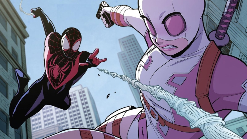 1080P, Weapons, Comics, Windows, Trunk, Web, Sword, The city, Weapon, Superheroes, Comic, Heroes, Mask, Building, Sky, Gun, Spider-man, Glenpool, Costume