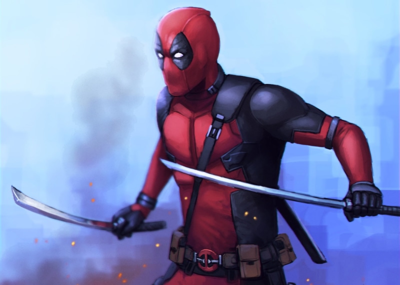 superhero, evil, holding, criminal, plastic, thief, illustration, Ryan Reynolds, deadpool, outdoors, adventure, helmet, focus on foreground, editorial