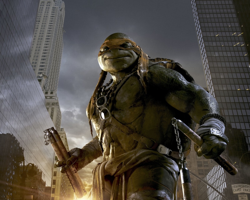 Skyscrapers, sky, sun, EXTENDED, sunglasses, with, Adventure, reptile, Armors, Movie, fantasy, Mikey, Noel Fisher, city, sci-fi, mask, Nunchaku, Year, HD