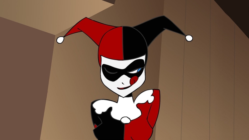 indoors, costume, Harley Quinn, black color, emotion, one person, comics, representation, mask - disguise, celebration, quinn, fun, mask, close-up