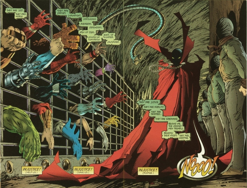 Spawn, human representation, male likeness, retail, art and craft, day, wall - building feature, choice, representation, multi colored, comics, Marvel Comics