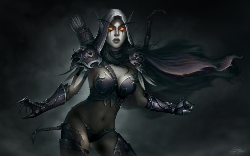 fantasy, elfen, sylvanas, women, eyes, gray, abstract, hd, world of warcraft, 1080P, red, windrunner, bow, world, undead, art, girl, cl, thong, warcraft