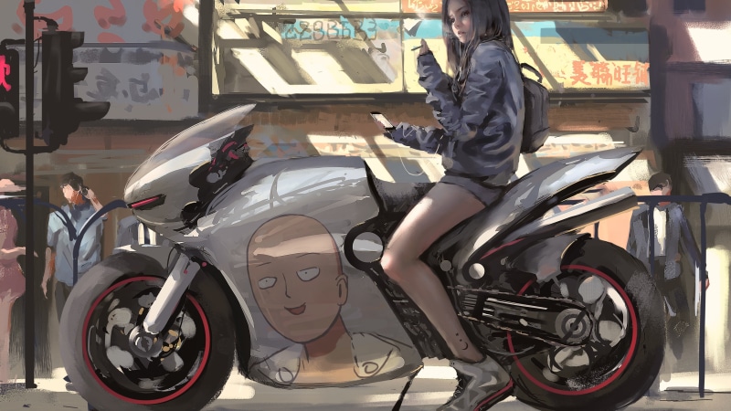 mode of transportation, adult, car, 4K, sports, day, bike, land vehicle, leisure activity, scooter, casual clothing, WLOP, full length, women, One-Punch Man