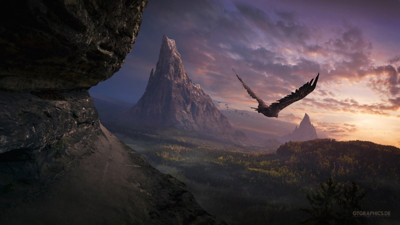 landscape, stone, graphic, flying, sunset, nature, 720P, hawk, rock, bird, horizon, mountains, cg, art, hd