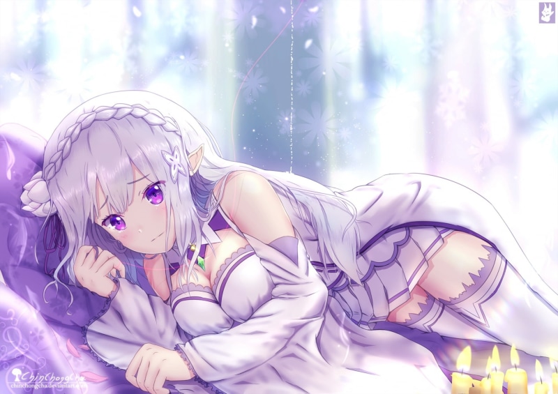 blond hair, cleavage, young adult, young women, Emilia (Re: Zero), beautiful woman, portrait, pointed ears, lifestyles, hairstyle, looking at camera, females
