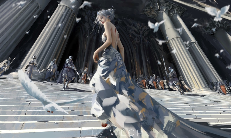 girl, pointy ears, Wlop, swords, birds, white hair, blue eyes, dress, armor, princess, 4K, digital art, stairs, pointed ears, looking at viewer, architecture