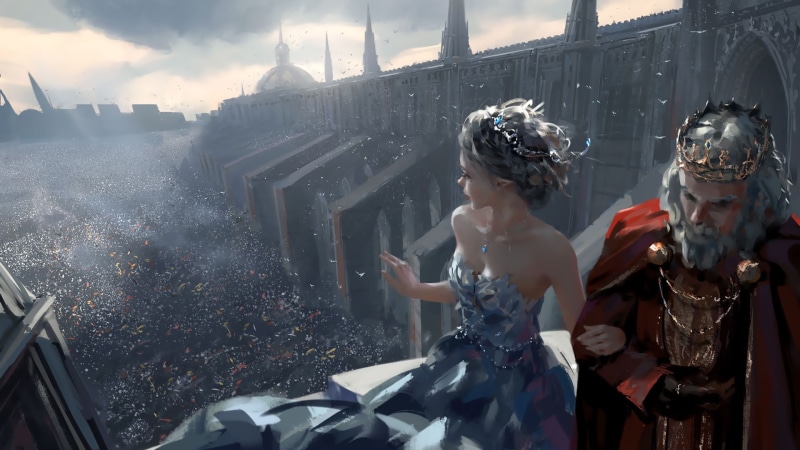 1080P, crowd, artwork, tiara, Wlop, church, necklace, cloak, Ghost blade, dress, bare shoulders, cathedral, digital art, pointed ears, king, princess