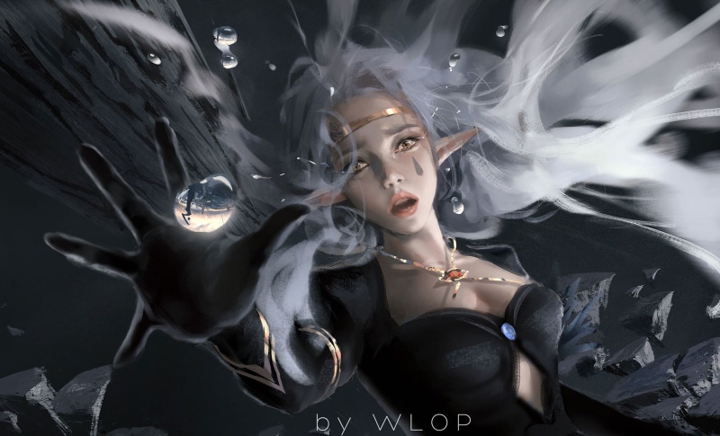 fan art, fantasy girl, WLOP, artwork, pointed ears, water drops, 720P