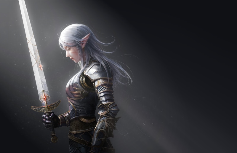 Fantasy, Women Warrior, Elf, Sword, 4K, Girl, Armor, Pointed Ears, Woman Warrior, White Hair