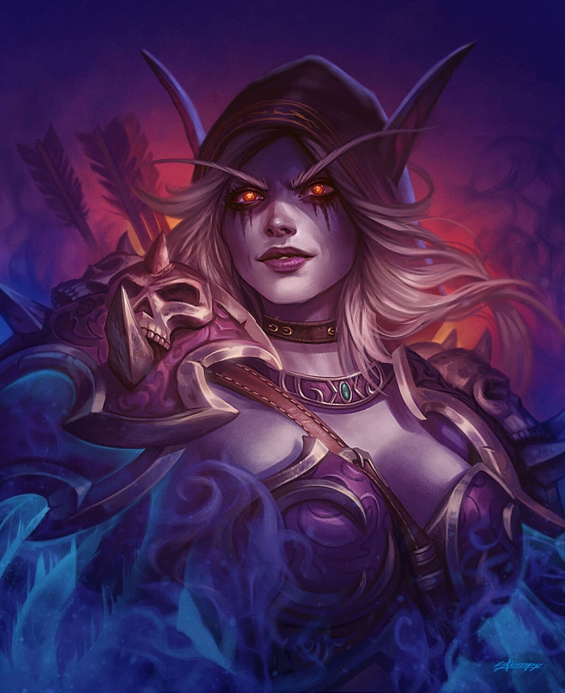 blonde, artwork, blue smoke, illustration, digital art, women, armor, video game characters, red eyes, World of Warcraft, Warcraft, 720P, video games girls