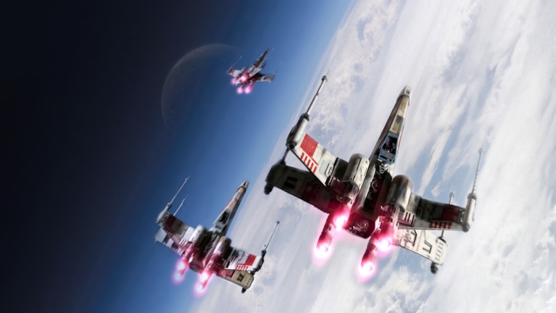 day, 1080P, aerobatics, X wing, military, Star Wars, navy, low angle view, outdoors, on the move, motion, sky, Rebel Alliance, panoramic, transportation