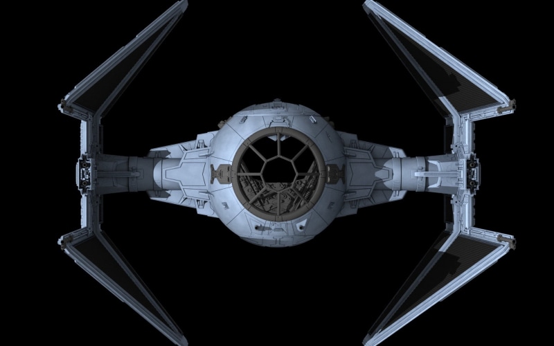 black background, symmetry, built structure, technology, shape, metal, no people, TIE Interceptor, close-up, directly below, still life, fighter, geometric shape