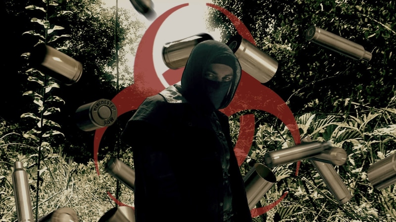 jacket, day, standing, clothing, weapon, plant, mask, mask - disguise, three quarter length, 1080P, console, black, holding, lifestyles, hooded, aggression