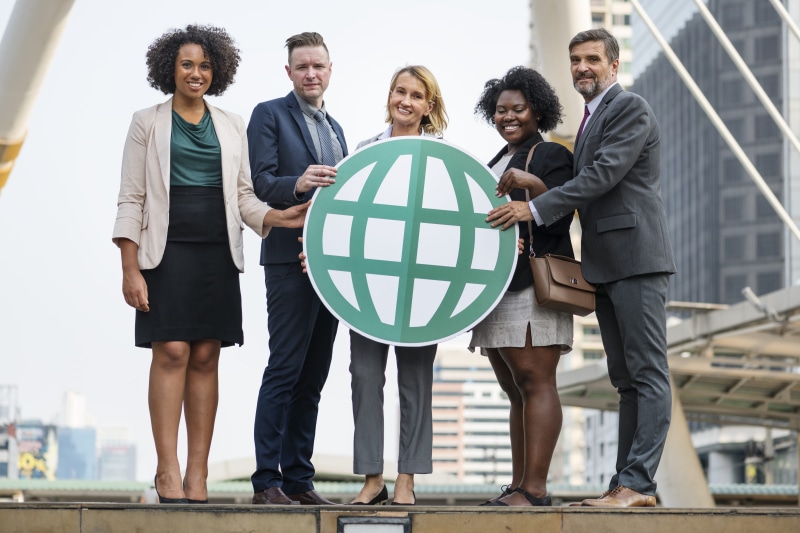 work, green, togetherness, women, connection, young men, global, achievement, partnership, looking at camera, businesswomen, five, businesswoman, diversity