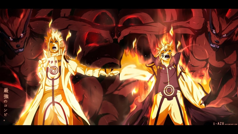 Bijuu Dama, Ninja, digital, 1080P, sculpture, Father and son, Blonde Hair, representation, Fury, Flame, illuminated, belief, Reunion, carving, night, Bijuu Mode