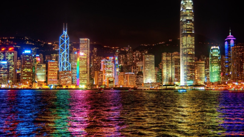 office building exterior, buildings, panorama, skyline, business, illuminated, town, evening, waterfront, landscape, famous, architecture, manhattan, reflection