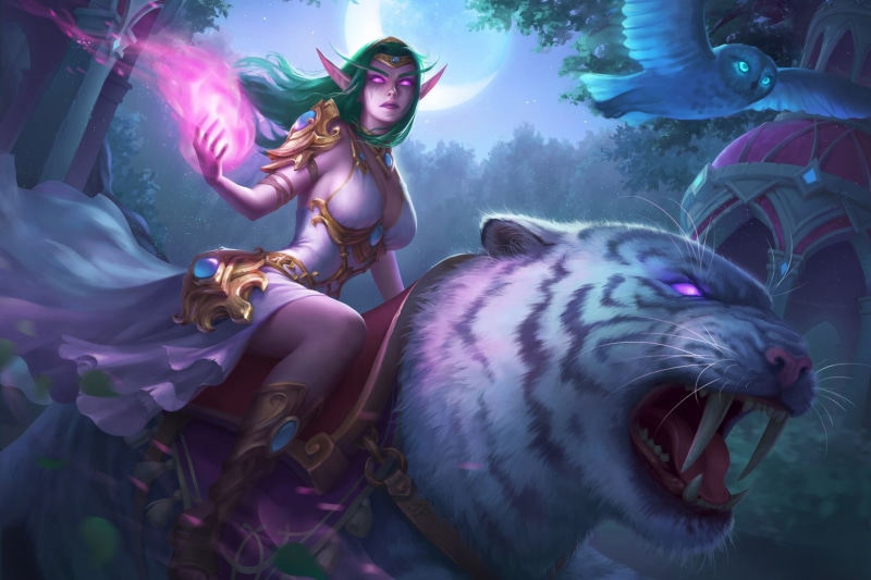 Blizzar, The Tyrande Whisperwind, Night Elf, Characters, Dorithur, Dori tour, Art, Tyrande Whisperwind, Tiger, 1080P, Elf, by Elvira Shatunova, World of WarCraft