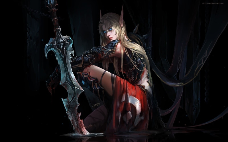 beautiful woman, portrait, top, blood elves, real people, clothing, hairstyle, dark, women, leisure activity, young adult, World of Warcraft, looking at camera