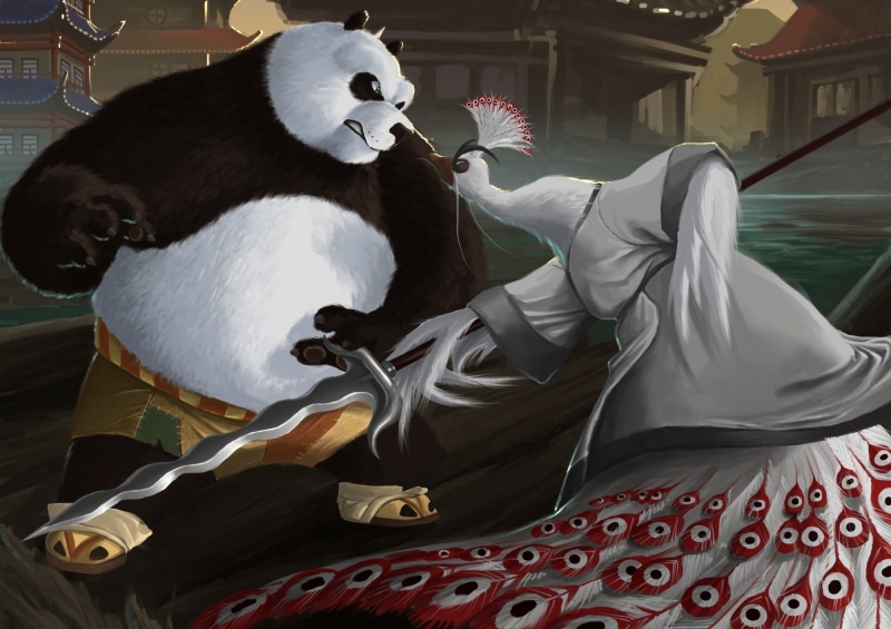 clothing, indoors, karuma9, Panda, weapons, canine, one animal, animal representation, white color, dog, relaxation, Kung Fu Panda, rage, spear, bird, domestic