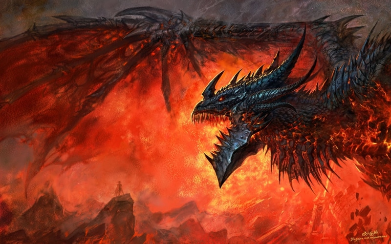 bird, dragon, red, cataclysm, animal, lava, fire - Natural Phenomenon, black, night, dark, orange Color, animal wildlife, outdoors, wow, heat - Temperature