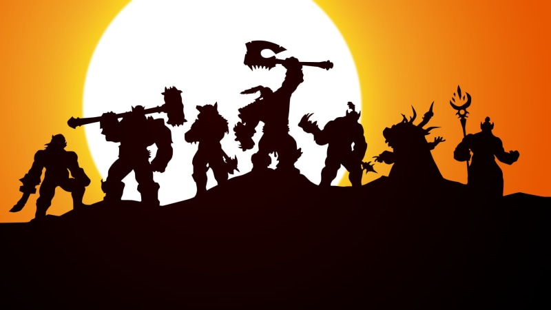 sunset, music, World of Warcraft, silhouette, clear sky, Guldan, nature, orange color, Warlords of Draenor, representation, women, men, grommash hellscream