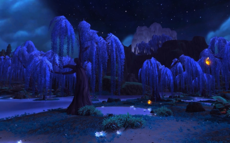illuminated, blue, tree, cold temperature, World of Warcraft, purple, night, sky, World of Warcraft: Warlords of Draenor, no people, tranquil scene, tranquility