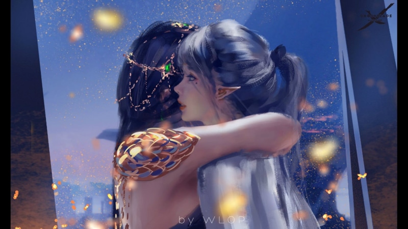 the evening, Wlop, decoration, friend, mole, silver hair, 1080P, hugs, elf girl, elf, moths, Princess