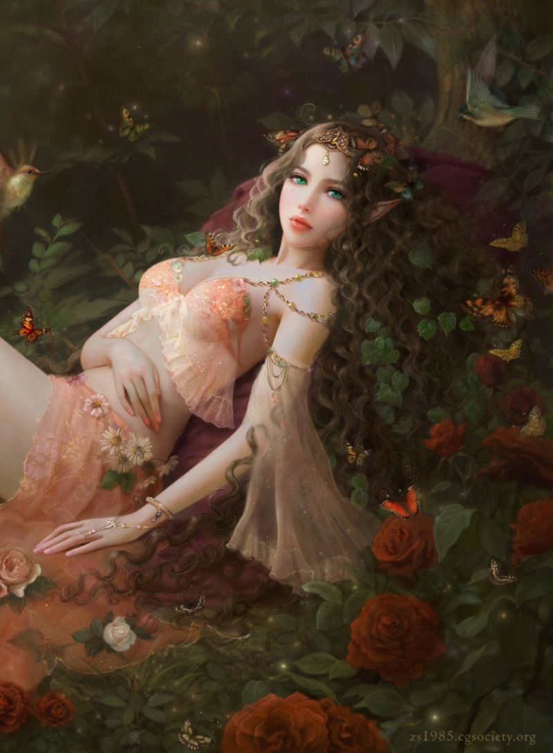 girl, rose, 1080P, beautiful, elf, forest, faairy, fantasy